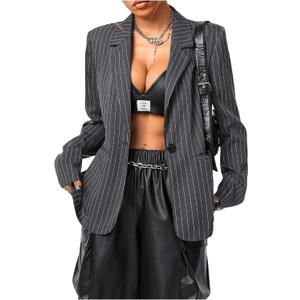 Floerns Women's Striped Long Sleeve Casual Blazers Lapel Neck Button Suit Jacket