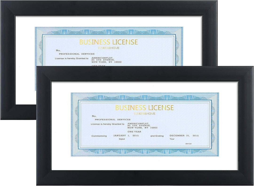 ELSKER&HOME 5x10 Business License Frame Black for 3.5x8 Standard Business License with mat - 5x10 frame without mat for Panoramic Picture, Wall or Tabletop Display (2 Pack)