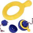 4 Pack Dog Chew Toy, Durable Flying Discs for Throwing Catching, 3-in-1 Dogs Toys, Indestructible Pet Chew Toy for Aggressive Chewer, Reduces Anxiety, Interactive Toys for Boredom Dog Teeth Cleaning (Blue)