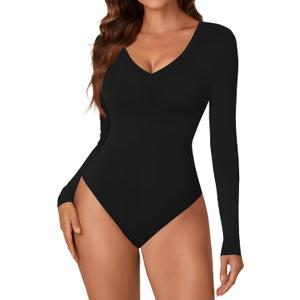 KIFOVEN Women's Sexy Deep V Neck Long Sleeve Bodysuit Double Lined Ribbed Knit Going Out Tops Thong Body Suits Jumpsuit (Black) XL