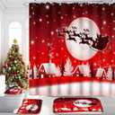 Poedist Christmas Bathroom Set Decor,Christmas Shower Curtain Sets with Rugs(Bath Mat,U Shape & Toilet Lid Cover Mat),with 12 Hooks,Red Reindeer