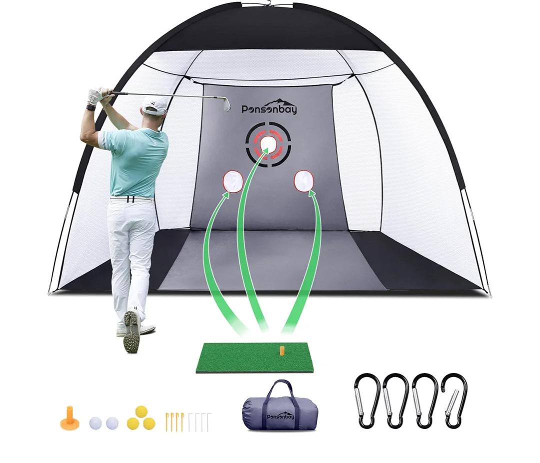Ponsonbay Golf Net, Upgraded Golf Practice Net with Fairway for Backyard Driving, Golf Hitting Net Kit for Garage, Range, Swing & Chipping Indoor & Outdoor with Mat, Real Balls, Tee, Stakes (Gray)