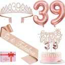 39th Birthday Decorations for Women, Including 39th Birthday Sash and Tiara, Cake Topper and Candles, Number Balloons, 39 Year Old Gifts for Women