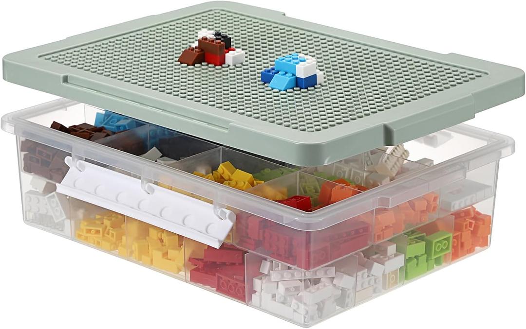 OGANAZI Plastic Organizer Bins for Blocks, Blocks Storage Container with Baseplate Lid Removable Tray, Stackable Double Layer 30 Slots Clear Storage Box Organizer for Bricks, Crafts, Beads(Green)