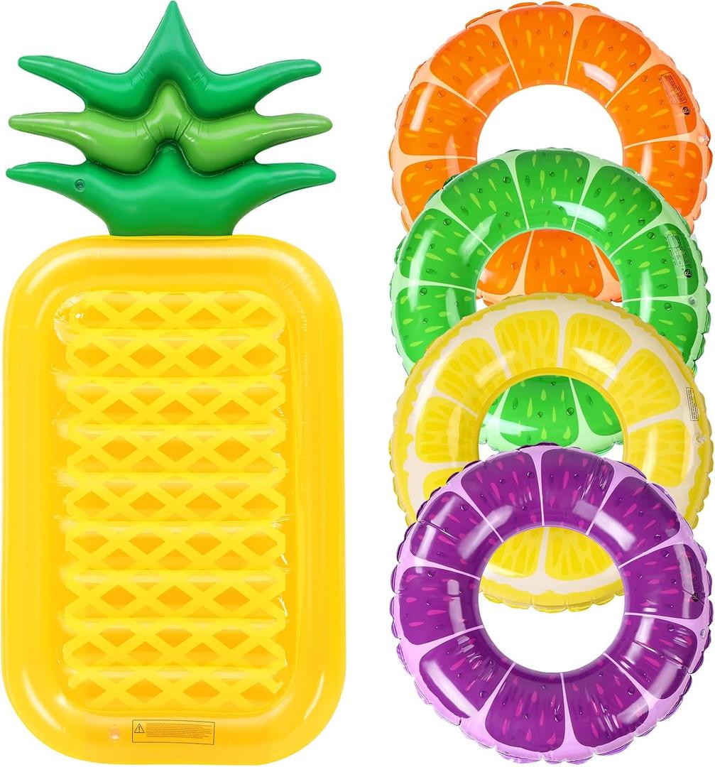 5 Pack Pool Floats Kids Fruit Inflatable Pool Floats Swim Ring Lemon Swim Tube Rings with Inflatable Surfboard for Kids Luau Hawaiian Beach Birthday Party Decoration