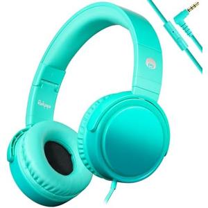 rockpapa Grade Wired Headphones with Microphone, Lightweight Foldable Stereo Bass Headphones with No-Tangle Cord & 3.5mm Jack for Adult/Kids, Laptop Tablet Airplane Chromebooks Teal