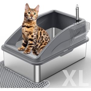 Stainless Steel Litter Box, Extra Large Litter Boxes for Big Cats, XL Metal Cat Litter Box with Lid, Anti-Urine Leakage, Non-Sticky, Include Cat Mat and Litter Scoop (Gray)