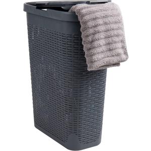 Mind Reader Slim Laundry Hamper with Lid, 40L Clothes Basket, Premium Wicker Design, Plastic, Gray (Single)