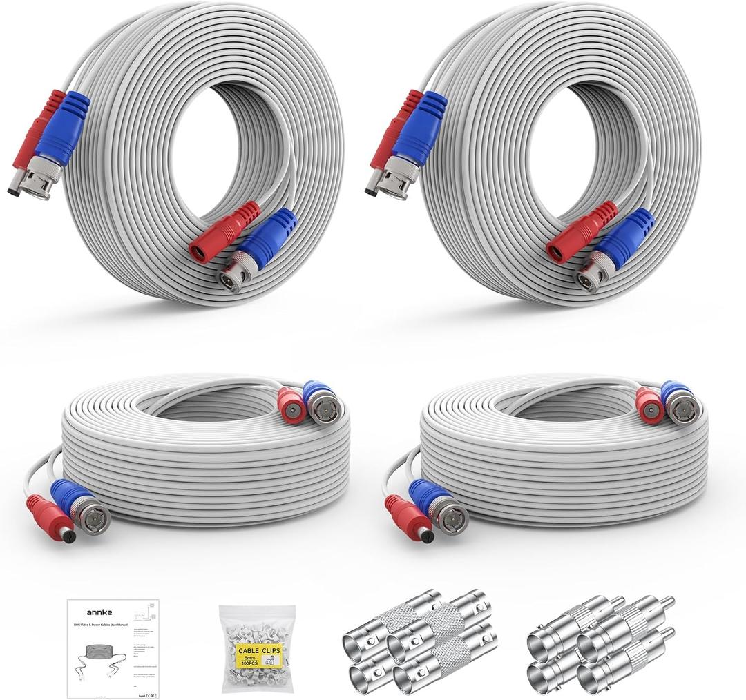 ANNKE 30M/100ft BNC Cable, Video Power Extension Surveillance Camera Cables for CCTV Security DVR System Installation, Free 8X BNC Connectors and 100pcs Cable Clips Included, 4 Pack, White