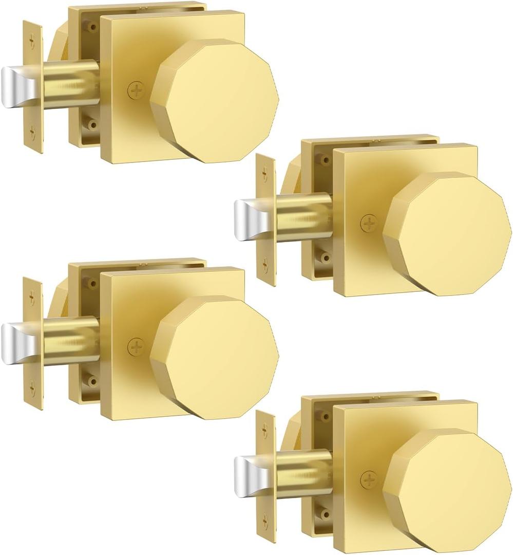 Asidrama 4 Pack Privacy Gold Door Knob with Lock, Brush Gold Door Knobs Interior for Bedroom or Bathroom, Heavy Duty Door Handle for Left Right Sided Doors