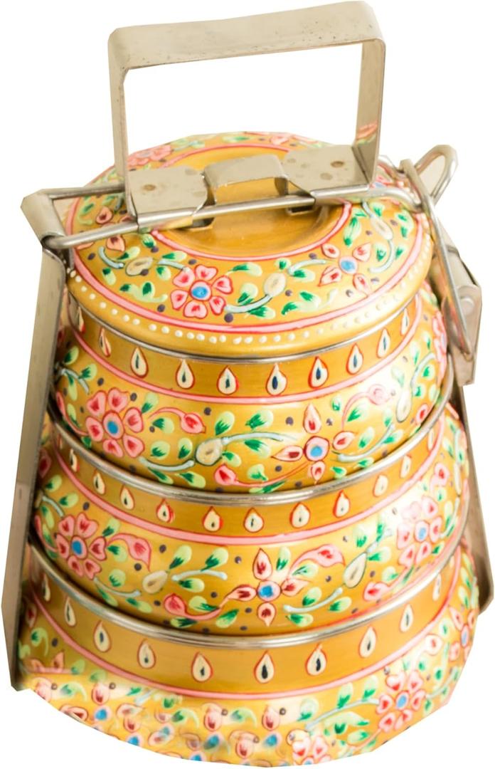 Handmade Stainless Steel Tiffin Box (Yellow, Three Tiers)