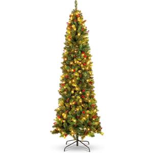 Best Choice Products 6ft Pre-Lit Spruce Pencil Christmas Tree Pre-Decorated for Home, Office, Party, Holiday Decoration w/ 618 Tips, 250 Lights, Pine Cones, Metal Hinges & Base - Green