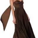 Women Bridesmaid Dress with Scarf Strapless Pleated Flowy Formal Evening Gown Maxi Dresses (Brown, L)