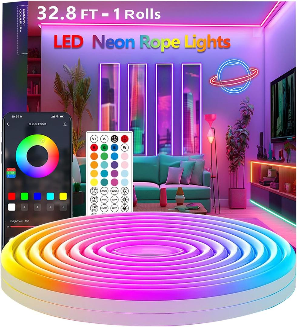 32.8FT RGB Rope Lights,Flexible Led Neon Light Control with App/Remote,Multiple Modes,IP65 Outdoor Waterproof,Music Sync Strip for Bedroom