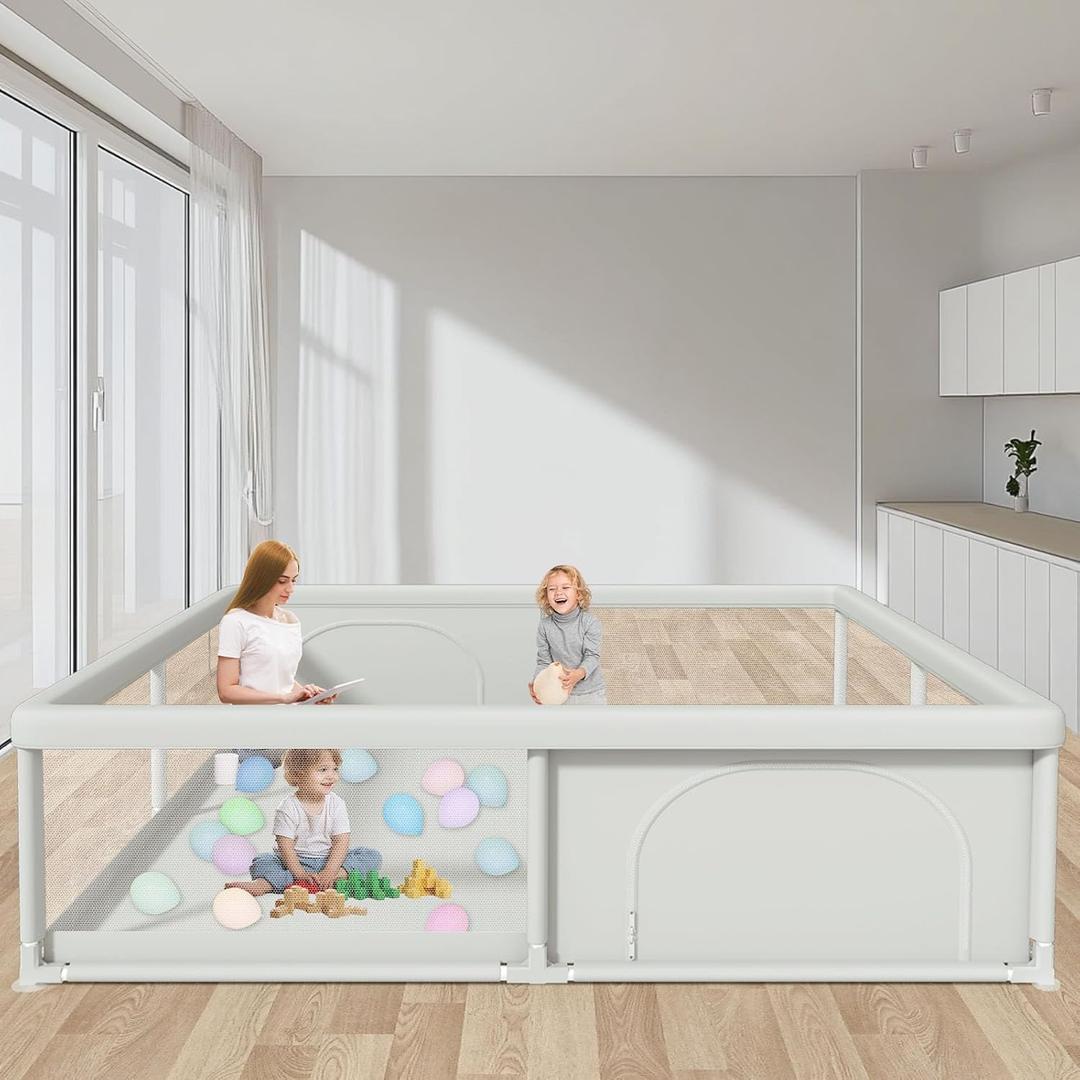79x79 Inch Baby Playpen for Babies and Toddlers, Extra Large Play Yards for Indoor & Outdoor with Zipper Gates, Breathable Mesh with Anti-Slip Base (79IN*79IN, Grey)
