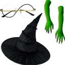 Halloween Witch Costume Set – Witch Hat, Green Claw Gloves & Glasses – 4pcs Dress-Up Kit for Cosplay & Party Fun