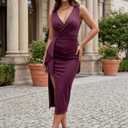 CurvySweet Deep V Neck Wrap Formal Midi Cocktail Dress Sleeveless Thigh Slit Ruffle Ruched Fall Wedding Guest Dress for Women Burgundy