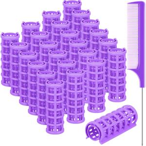 Syhood 24 Pcs Snap Hair Roller, Small Plastic Rollers Curlers with Rat Tail Comb for Long Short Hair Styling Tool(0.79 x 2.67 Inch,Purple)
