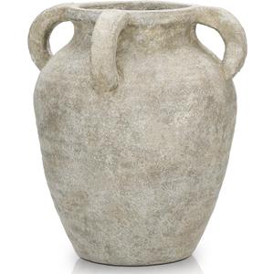 Handmade Flower Vase, 9.8" Tall Terracotta Vase, Vintage Ceramic vase, Rustic Green Antique Decor with 4 Handles, Wide Mouth, Matte Finish for Home Office Resto Café Décor