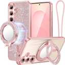 Meifgino Magnetic Case with Removable Phone Ring Stand for Samsung Galaxy S25 Plus, [Glitter Card & Wrist Strap] [MagSafe Compatible] [Built in Mirror] Phone Ring Stand + Phone Case Kit, Rose Gold