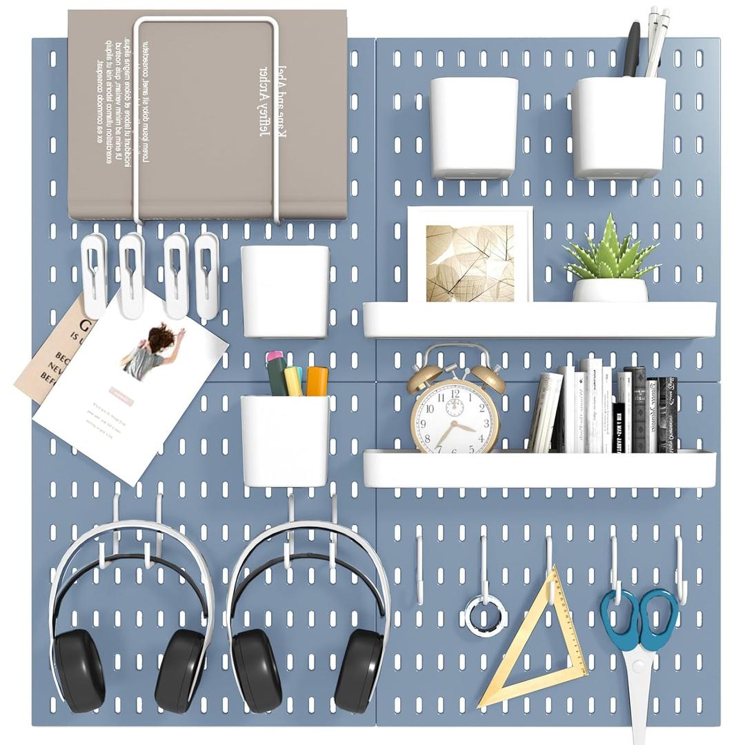 Peg Board Combination Kit, 4 Pegboards with 20 Accessories, Pegboard Wall Organizer for Office, Nursery & Home Storage, Key Holder, 25.6"x25.6"  Nail-Free InstallationBlue