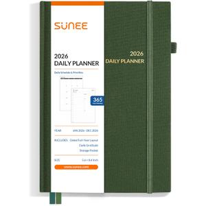 SUNEE 2026 Planner - Daily Planner 2026 for Productivity | Weekly & Monthly Goal Achievement System with One Page Per Day Layout, A5 Hardcover (5.6" x 8.4"), January to December 2026,Dark Green