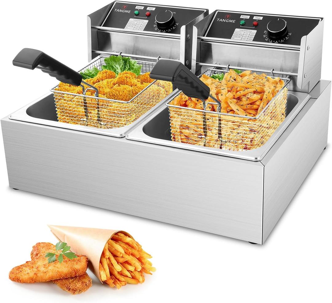 Commercial Deep Fryer, 3400W Electric Deep Fryers with 2x6.35QT Baskets Thickened Stainless Steel Countertop Oil Fryer 20.7QT Large Capacity with Lids Temperature Controller (12L)