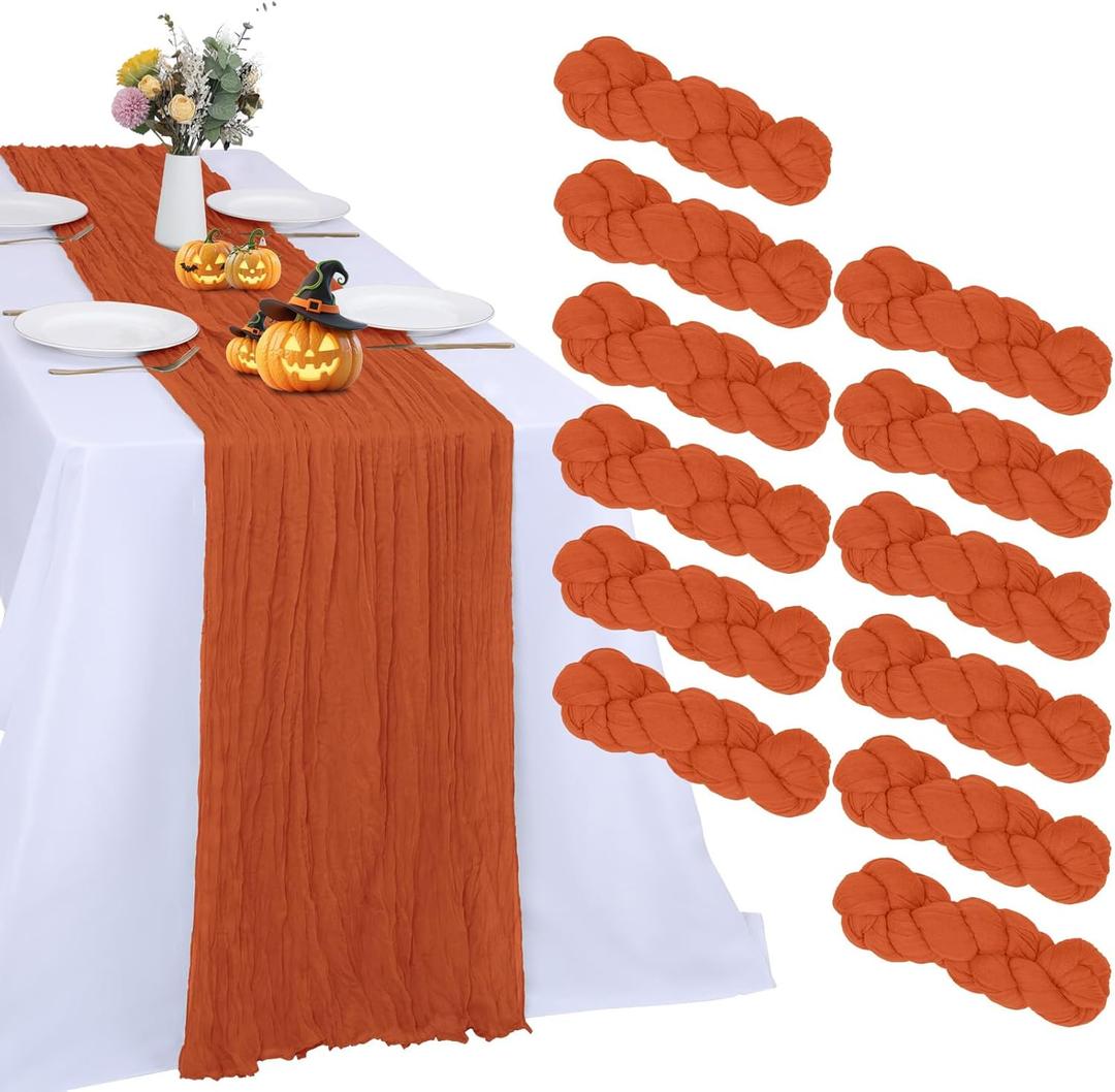 12 Pack Fall Table Runner Orange Cheesecloth 10FT Boho Gauze Fabric Table Runner 35 x 120 Inch Rustic for Thanksgiving Wedding Decor Holiday Party Boho Decoration(Orange)