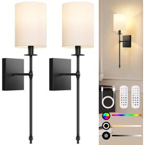 24.8 Inch Black Battery Operated Wall Sconces Set of 2, Rechargeable Wireless Wall Lights with Remote & White Fabric Shade, Indoor Not Hardwired Dimmable Wall Lamps for Bedroom, 2 Bulbs Included
