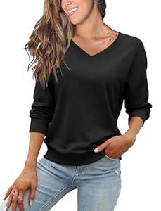 FMEYOA Womens Black Sweatshirts V Neck Long Sleeve Lightweight Loose Fall Spring Basic Shirts Tops (Black, XX-Large)