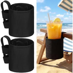 Patelai 2 Pack 4.1x3.5in Beach Chair Cup Holder Camping Chair Drink Holder, Portable Universal Water Bottle Organizer Accessories for Outdoor Beach Camping Lawn Fishing Pool Patio Loungers (Black)