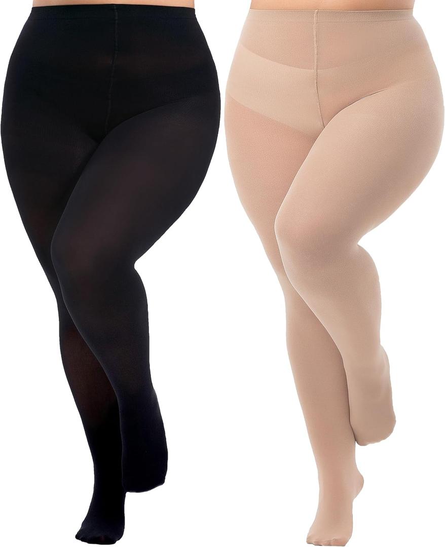Plus Size Tights for Women, Run-Resistant High Waist Oversize Pantyhose, Semi Opaque Nylon Tights 1X, 2X, 3X, 4X (Black+beige)
