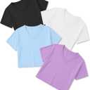4 Pack Girls Crop Tops Teens Athletic Workout Tees Summer Loose Fit V Neck Short Sleeve T Shirts for Kids Ages 5-14