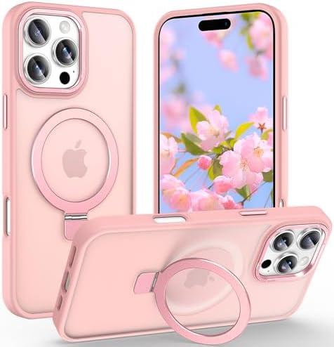 Lufanbis Magnetic for iPhone 16 Pro Max Case with Ring Stand, [10 FT Drop Protection] [Velvety Touch] Slim Translucent Matte Back Shockproof Phone Case for iPhone 16 Pro Max 6.9'', Pink
