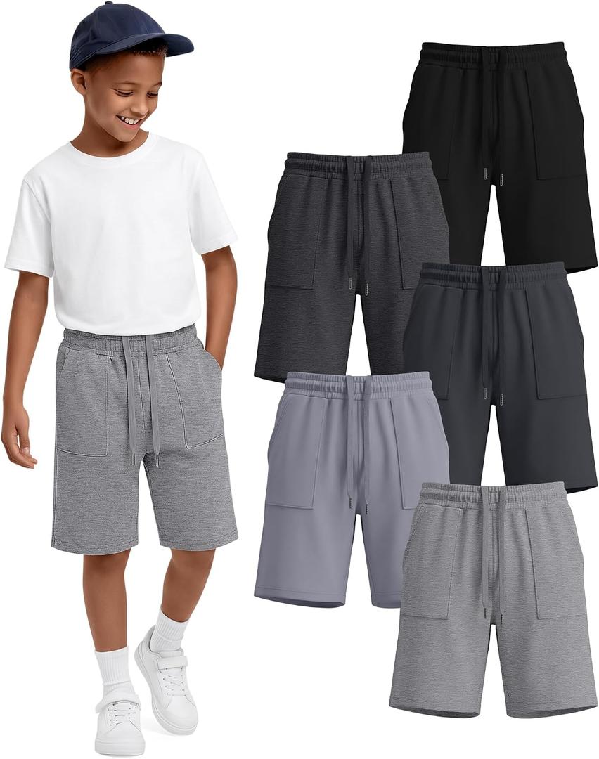 5 Pack Boys Knee Length Long Shorts | Kids Shorts, Athletic, Summer, Teen Sweatshorts, Drawstring, Pockets, Back to School, Outdoor, Casual, Running, Basketball