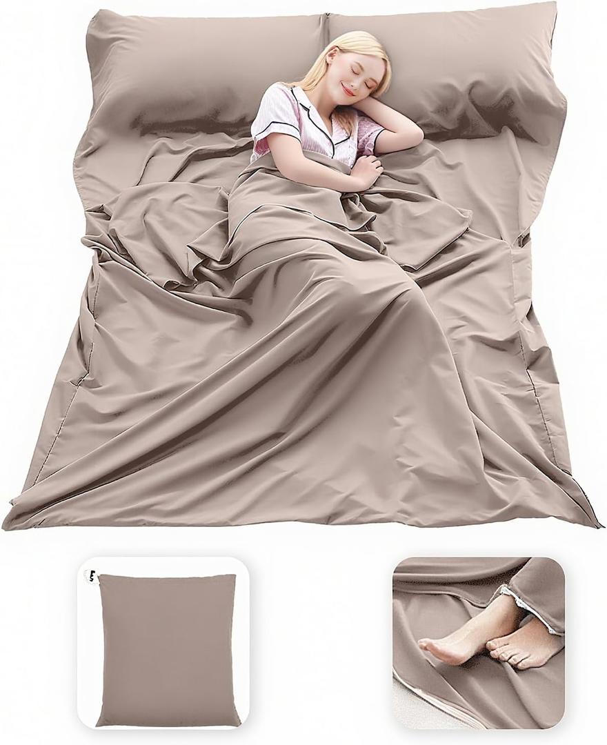 MongByYa Sleeping Bag Liner Lightweight Compact Sleeping Bag Sack Portable Clean Travel Sheet Camping Sleep Sheet for Backpacking Hotel Hiking (Light Khaki, 82.7” X 70.9”)