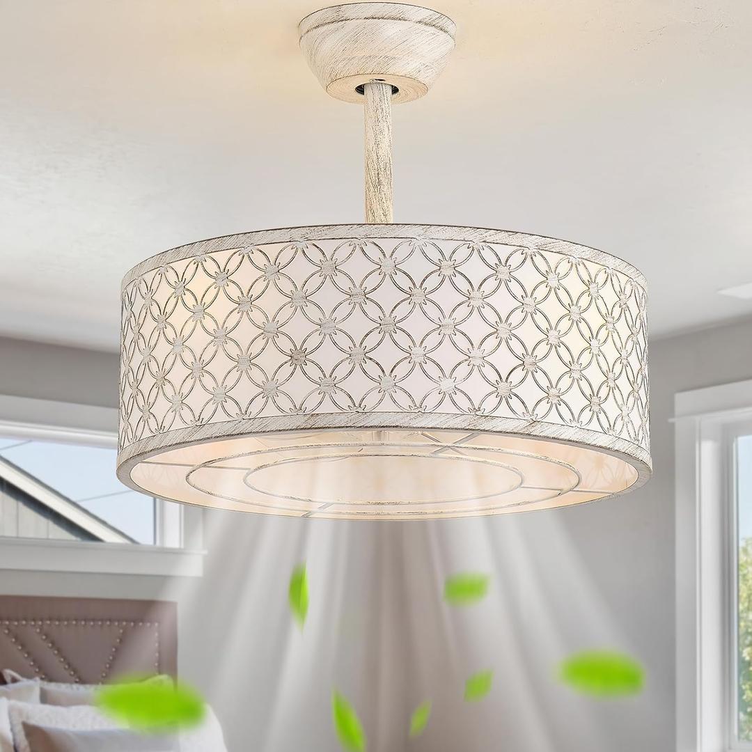 White Fandelier Ceiling Fan with Light, 20" Caged White Chandelier Ceiling Fans with Lights Remote Control, Fabric Mid-Century Modern with 6 Speeds for Bedroom, Nursery, Living Room.