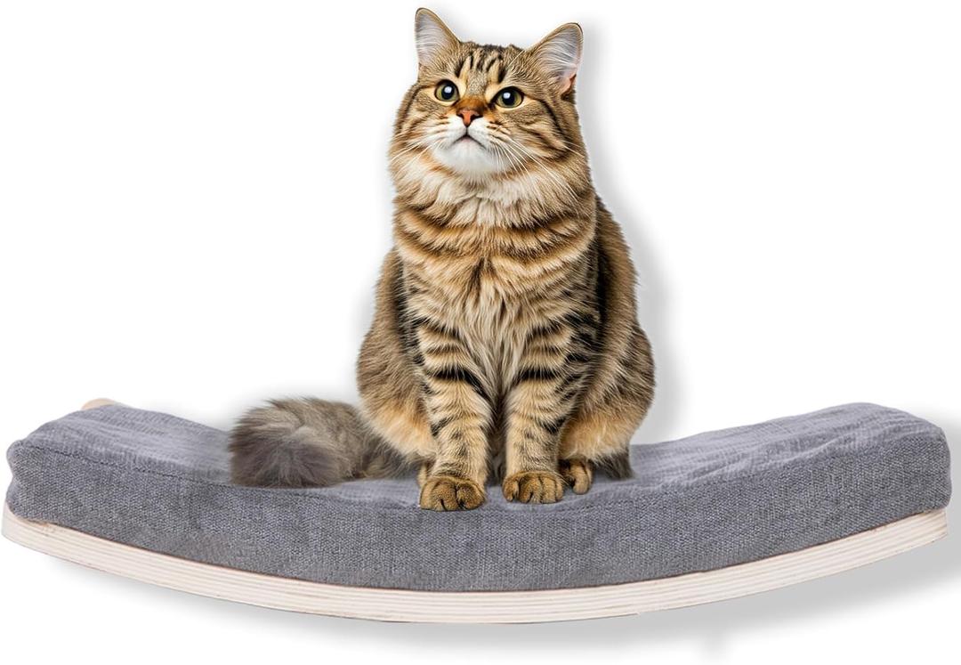 Curved Cat Shelves and Perches, Floating Cat Wall Bed with Comfortable Cushion (Wood Shelf+Grey Cushion)