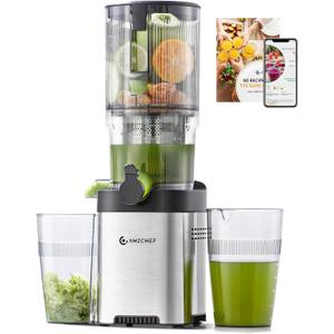 AMZCHEF Cold Press Juicer, 5.2" Juicer Machines with Large Feed Chute for Whole Fruits & Vegetables, Stainless Steel Juice Extractor with Large Auger, Triple Strainers, Easy Cleanup & Assembly (Silver)
