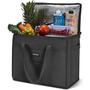 JUNGYOON Heavy-Duty Insulated Grocery Bags & Insulated Bag  Collapsible Cooler Bag with Zippered Top (15''x10''x10'', 1 Pack-Black-25L)