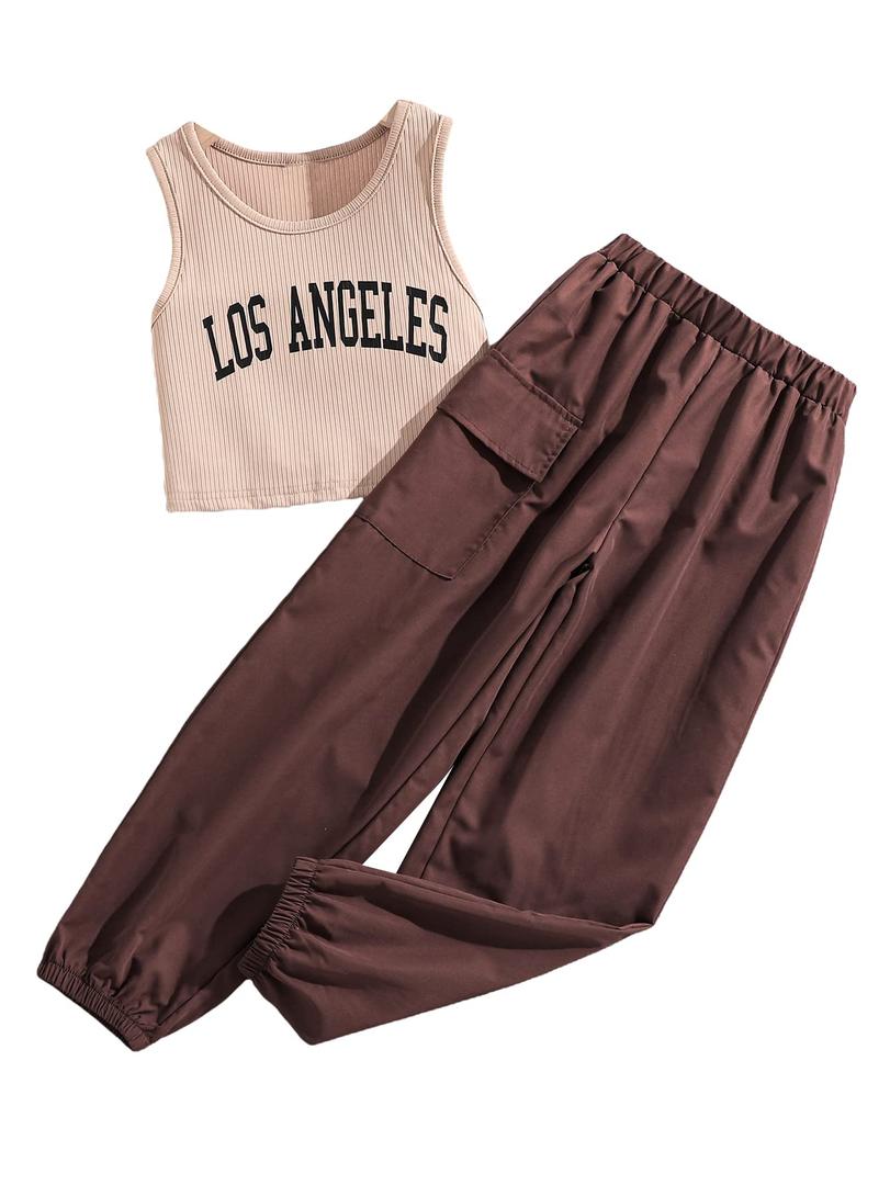 Floerns Girls 2 Piece Outfit Letter Print Rib Knit Crop Tank Top and Cargo Pants Brown 9Y