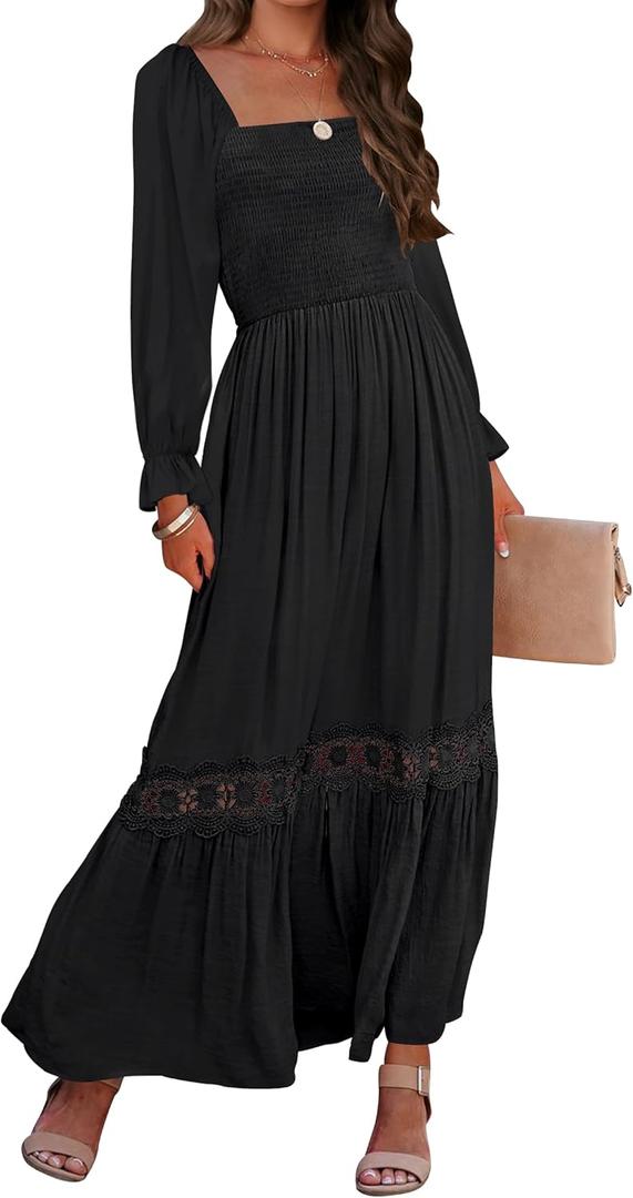 ZESICA Women's 2025 Boho Long Sleeve Square Neck Smocked High Waist Flowy A Line Lace Trim Maxi Dress Black XL