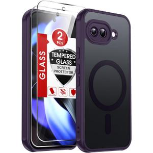 LeYi for Google Pixel-9A Case: Pixel 9A Phone Case with [2 Packs] Screen Protector, [Mag-Safe Fit] Matte Translucent Soft-Touch Silky & Full Body Shockproof para Basic Cell Case Pixel 9 A, Purple