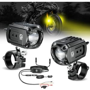 Kewig Motorcycle Auxiliary LED Light Kit Driving Spotlights White/Amber Fog Light with Mount Brackets Wire Harness Waterproof 60W Off road Work Lights Compatible with Motorcycle J-eep Car Truck (Black)