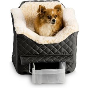 Snoozer Dog Car Seat with Storage Tray: Lookout II Dog Booster Car Seat for Pets up to 18lbs, Helps Alleviate Travel Sickness & Fear for Dogs, Removable Washable Cover Black Quilted, Size Small