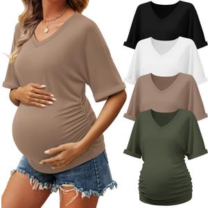 Oakgarden 4 Pack Women's Maternity Shirts V Neck Half Sleeve Tunic Blouse Side Ruched Cotton Tee Tops Pregnancy Clothes(Army Green, Khaki, White, Black, XX-Large)