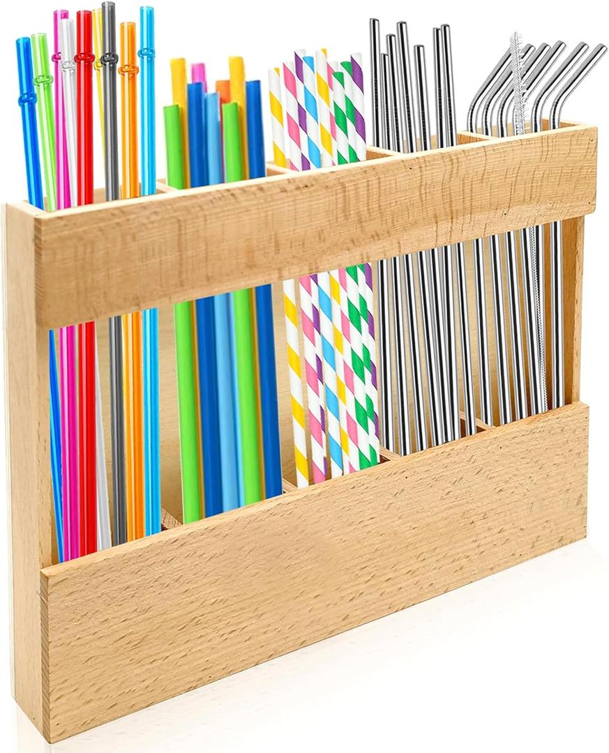 Wooden Straw Holder Straw Organizer Straws Storage Container with 4 Pcs Double Sided Adhesive Tape for Kitchen Counter
