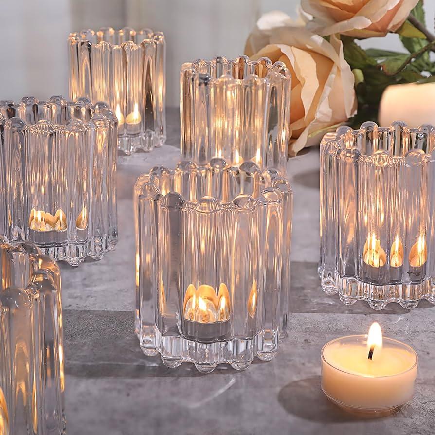 Glass Clear Votive Candle Holder, Ribbed Votive Candle Holders Set of 8, Tealight Candle Holder for Wedding Centerpieces Dinner Party Table Decor
