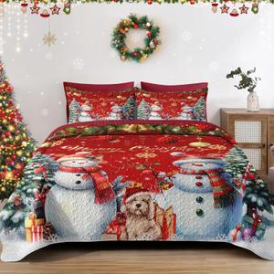 Christmas King Size Quilt Set, Dark Red Xmas Snowman Lightweight Bedspread Coverlet with Pillow Shams for Kids and Adults, Winter Snowflake Pine Tree 3 Pcs Bedding Bed Cover