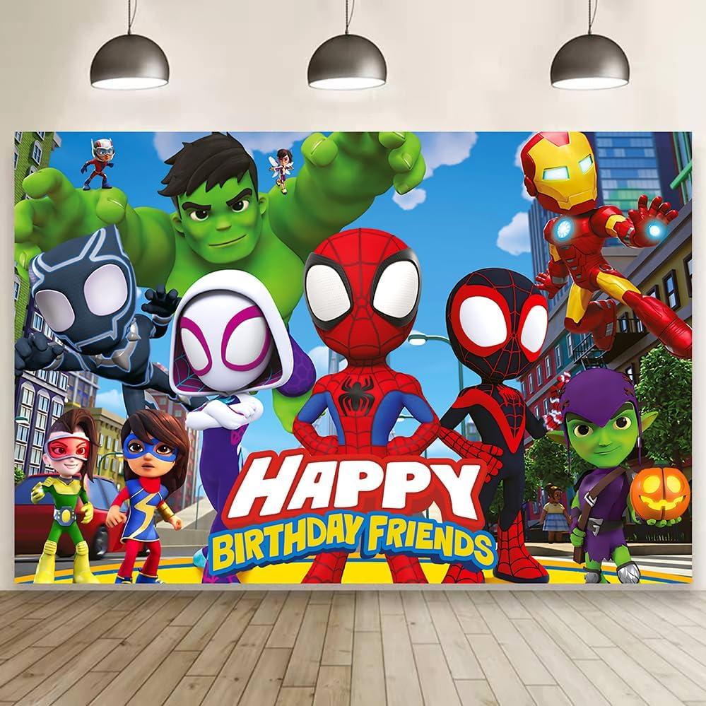 Spider and Friends Birthday Decorations,Spider and Friends Happy Birthday Banner Backdrop for Kids Birthday Party Supplies (5x3ft)